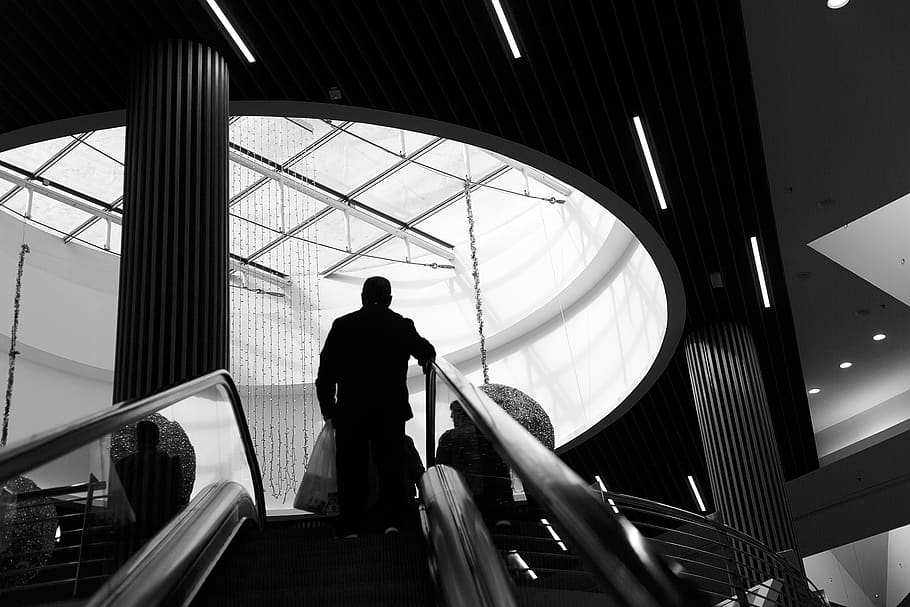 grayscale photography of man on stairs, handrail, banister, human, HD wallpaper