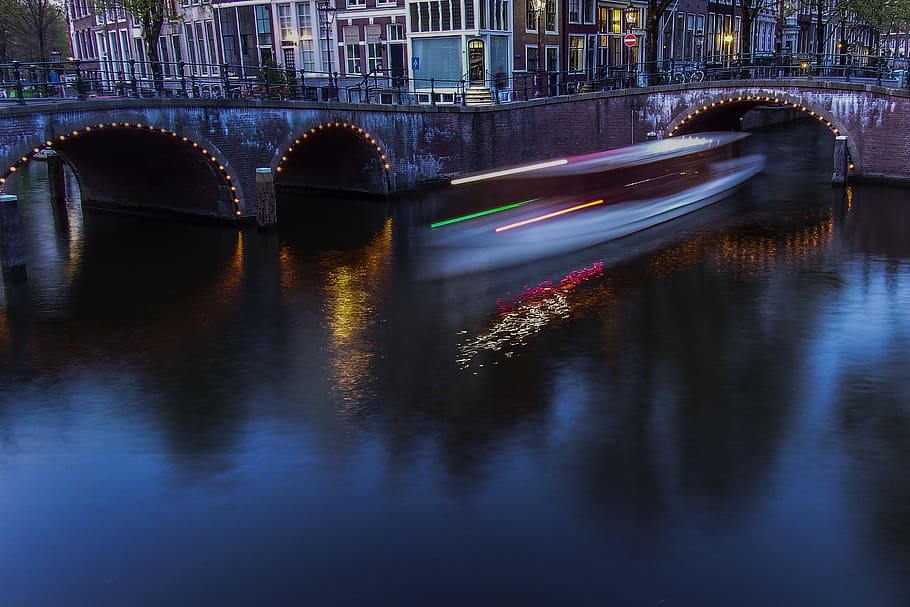nights, water, reflection, evening, river, colorful, bridge HD wallpaper