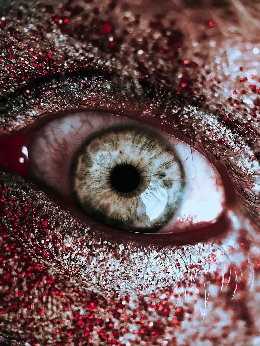 person with red and silver eyeshadow, glitter, close up, make up HD wallpaper