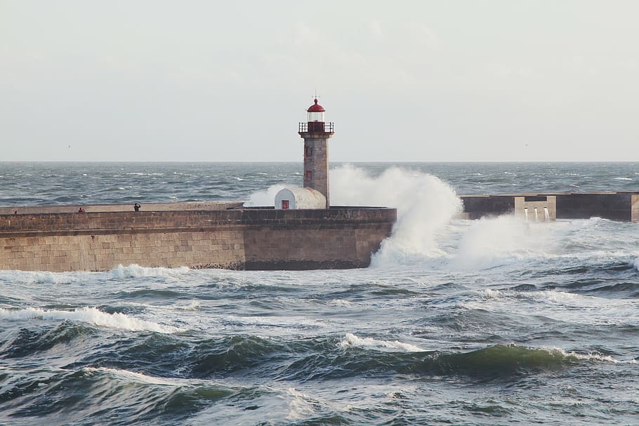 Waves Crashing , coast, lighthouse, ocean, pier, portugal, sea HD wallpaper
