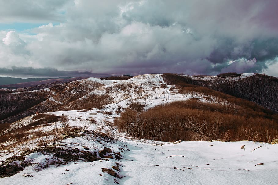 mountains, winter, snow, valley, landscape, nature, sky, clouds HD wallpaper