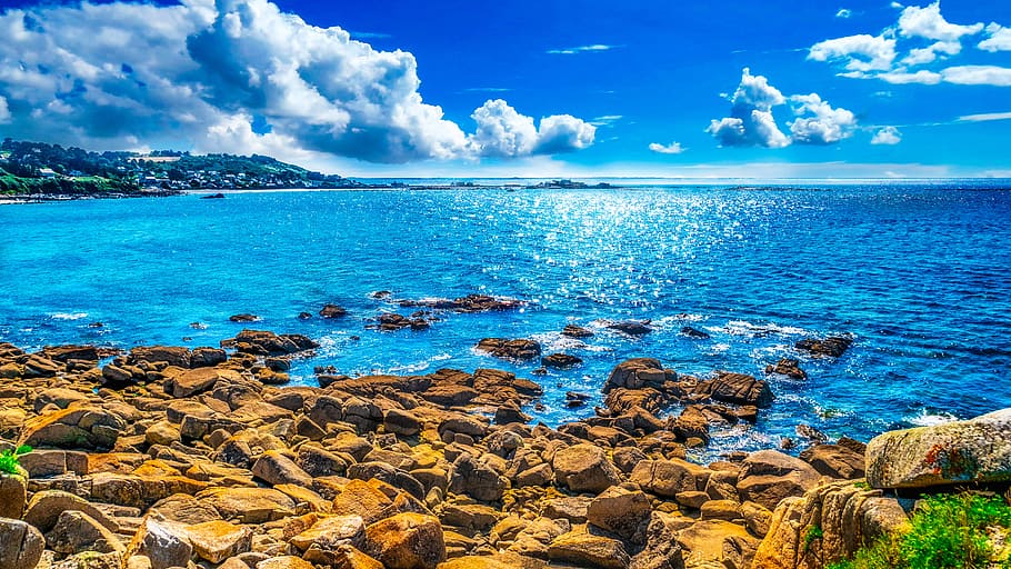 ocean, sea, waves, side, rocks, beach, sky, brittany, water HD wallpaper