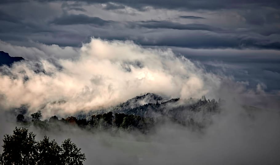 mountain, highland, landscape, trees, forest, nature, clouds HD wallpaper