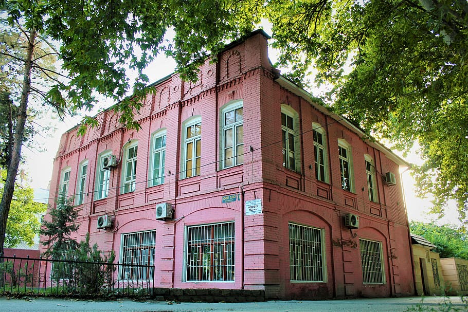 pink concrete 2-level building, street, house, housing, villa HD wallpaper