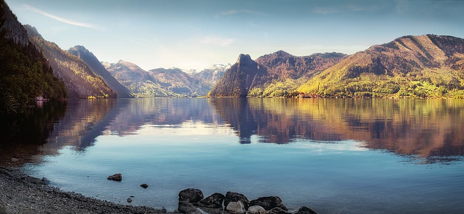 traunsee, lake, austria, mountains, landscape, water, nature