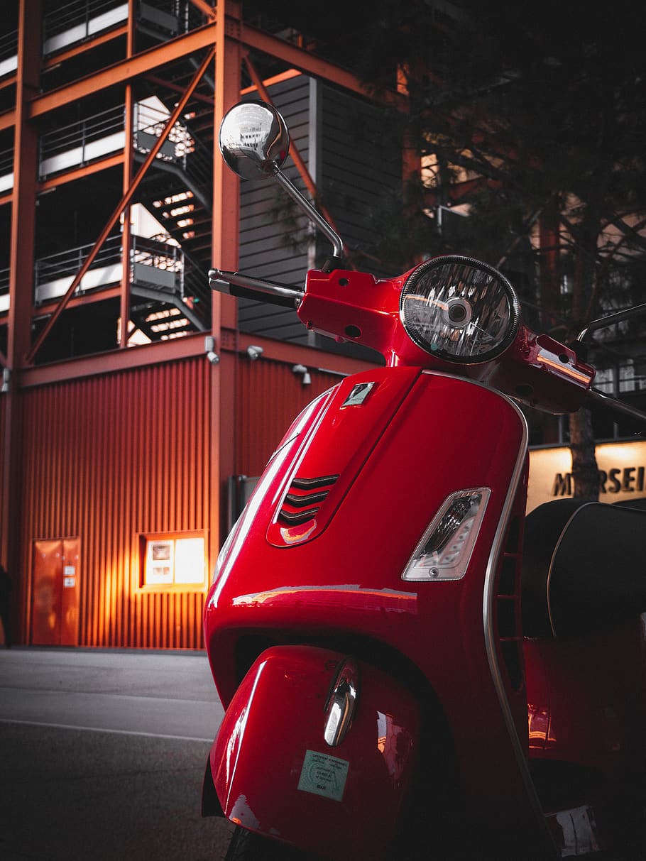 red motor scooter, transportation, vehicle, light, motorcycle, HD wallpaper
