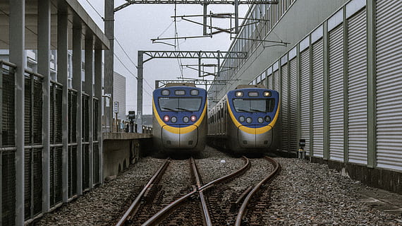 two blue and gray trains, railway, transportation, train track HD wallpaper