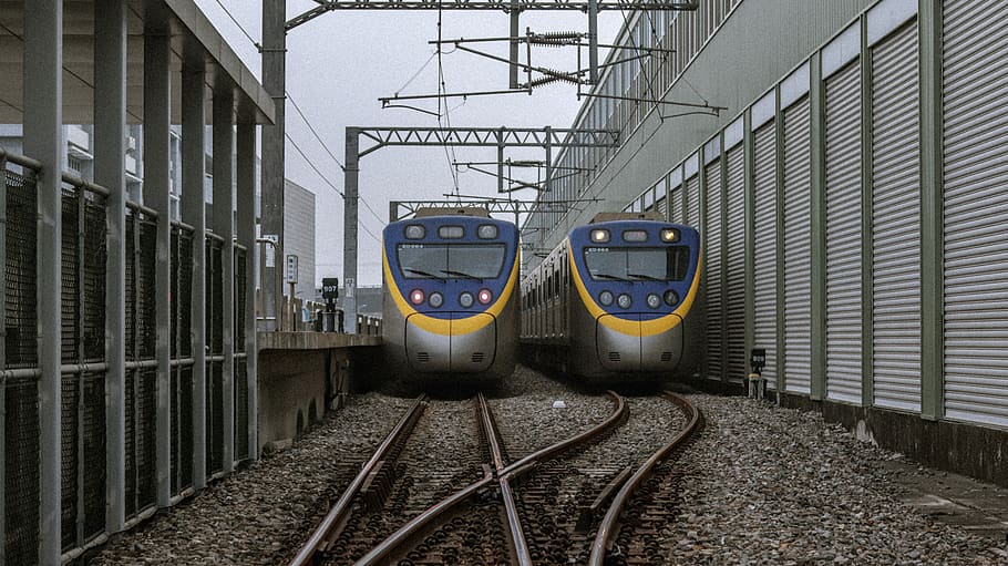 two blue and gray trains, railway, transportation, train track HD wallpaper