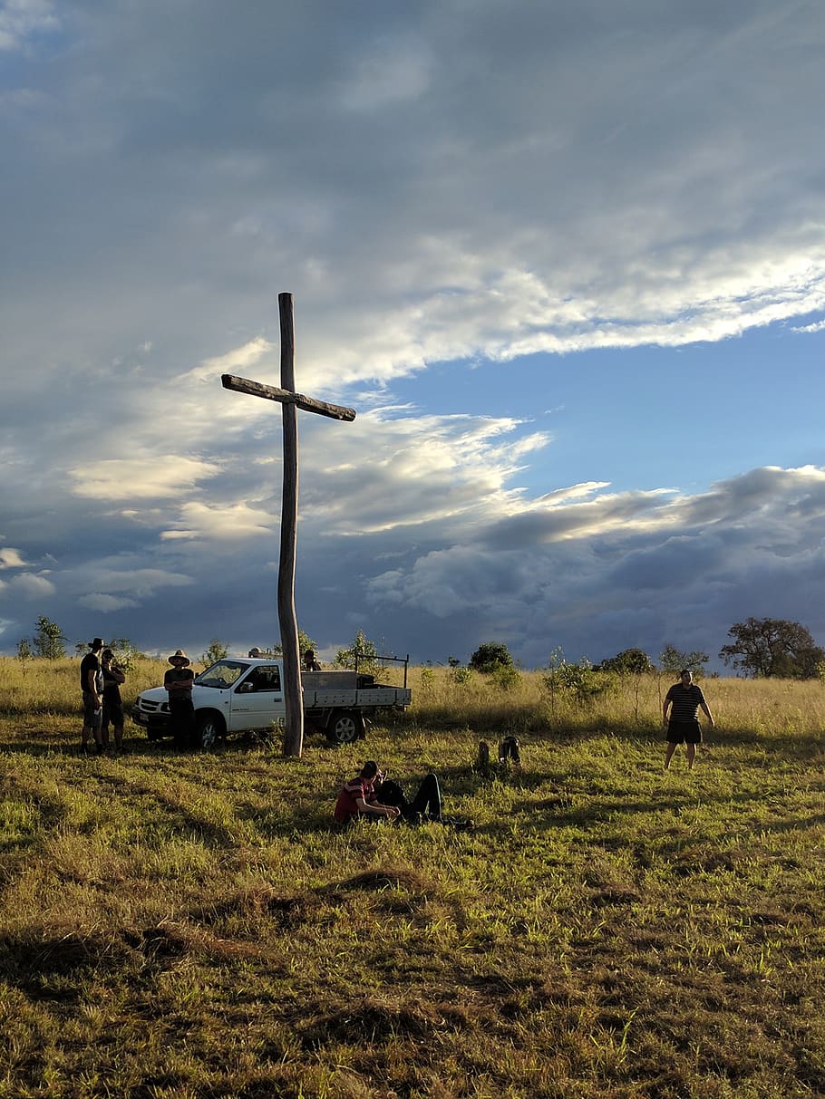 cross, farm, easter, grass, sky, mammal, cloud - sky, field HD wallpaper