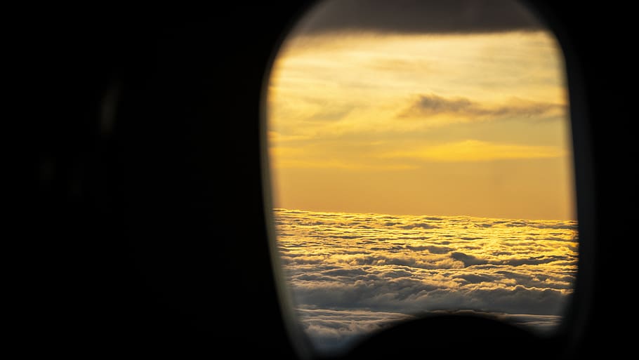 window, sky, sunset, porthole, clouds, over the clouds, fly HD wallpaper