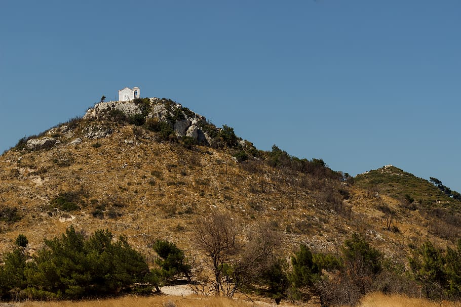 greece, samos, trees, sky, chapel, religion, heat, hill, nature HD wallpaper