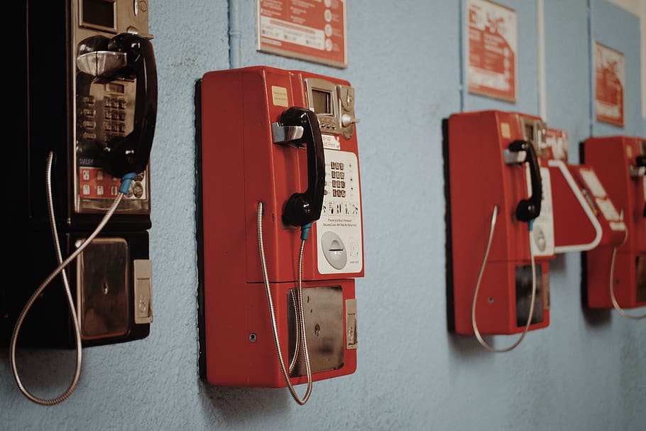 four wall mounted telephones, red, technology, connection, pay phone, HD wallpaper