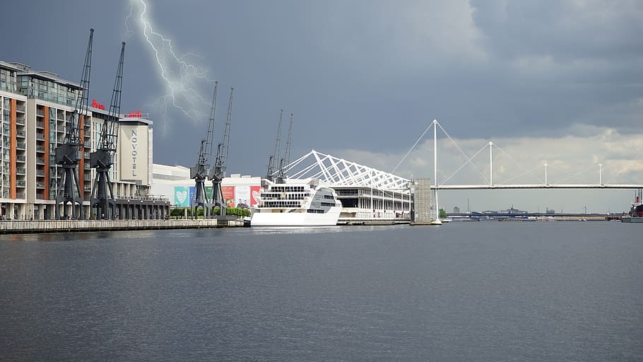 Body of Water, architecture, bay, boat, bridge, bright, buildings HD wallpaper