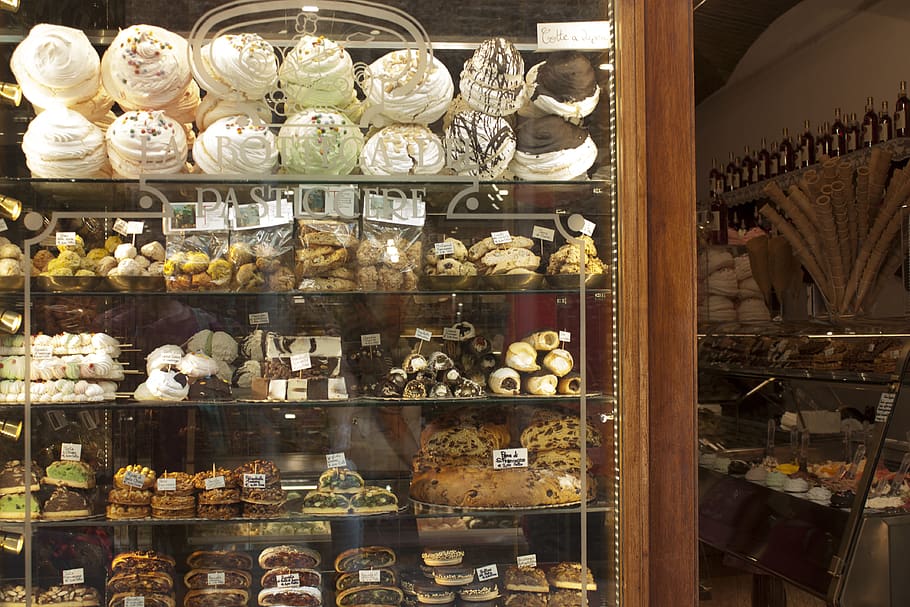 pastries on display, furniture, shelf, sweets, refrigerator, appliance HD wallpaper