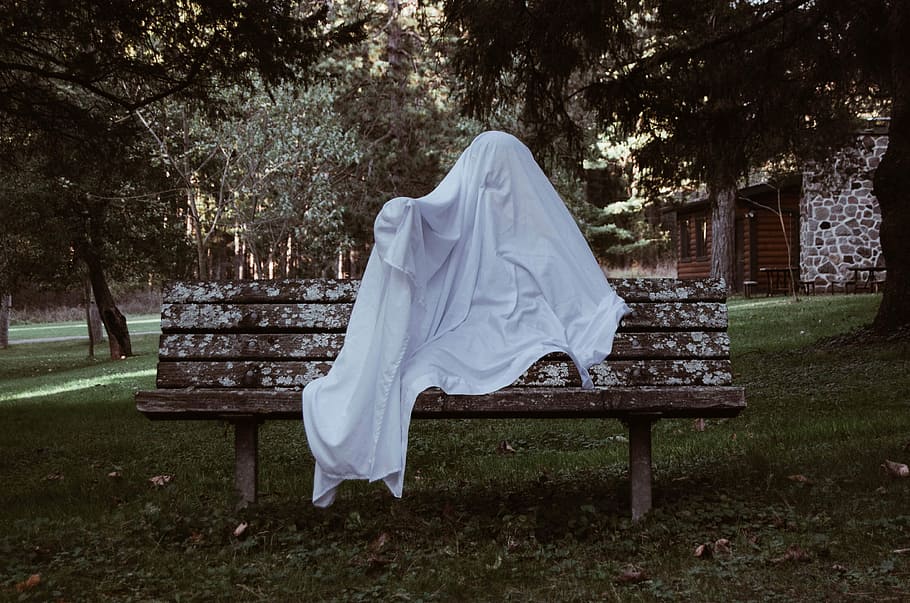 white textile, ghost, bench, sit, relax, tree, spooky, park bench HD wallpaper