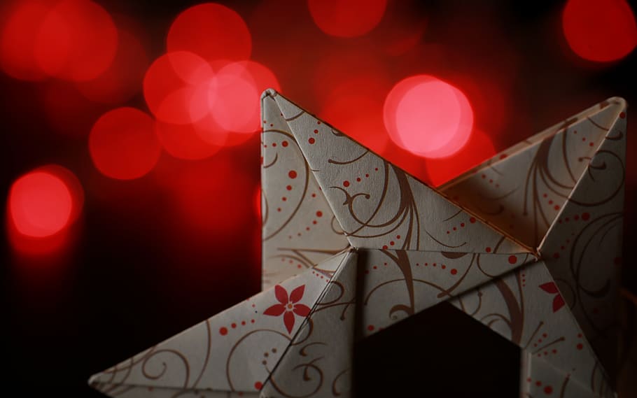 bokeh, star, christmas, red, celebration, close-up, holiday HD wallpaper