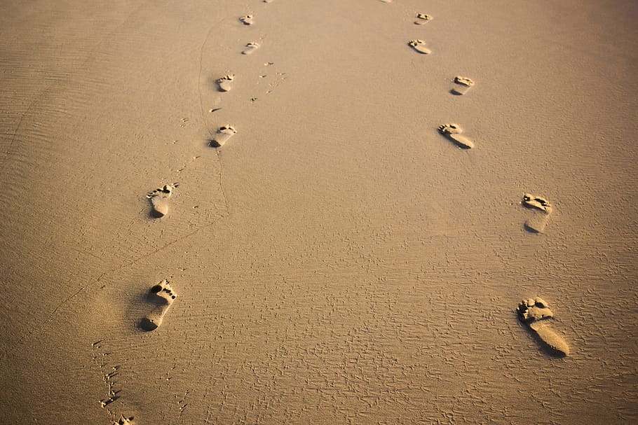foot prints on brown sand, footprints, beach, desert, footstep HD wallpaper