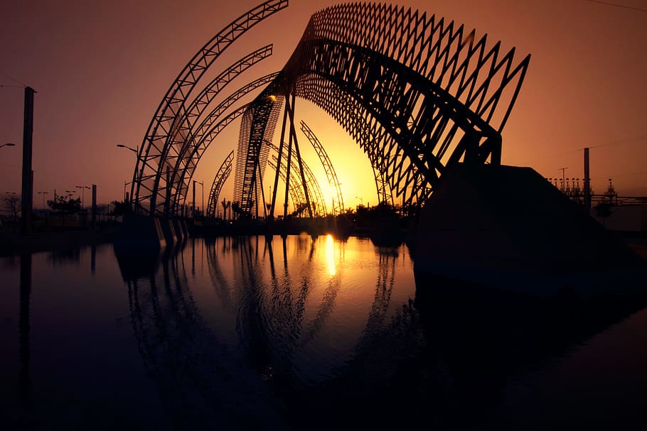 Silhouette If Structure, architecture, dawn, dusk, river, sunrise HD wallpaper