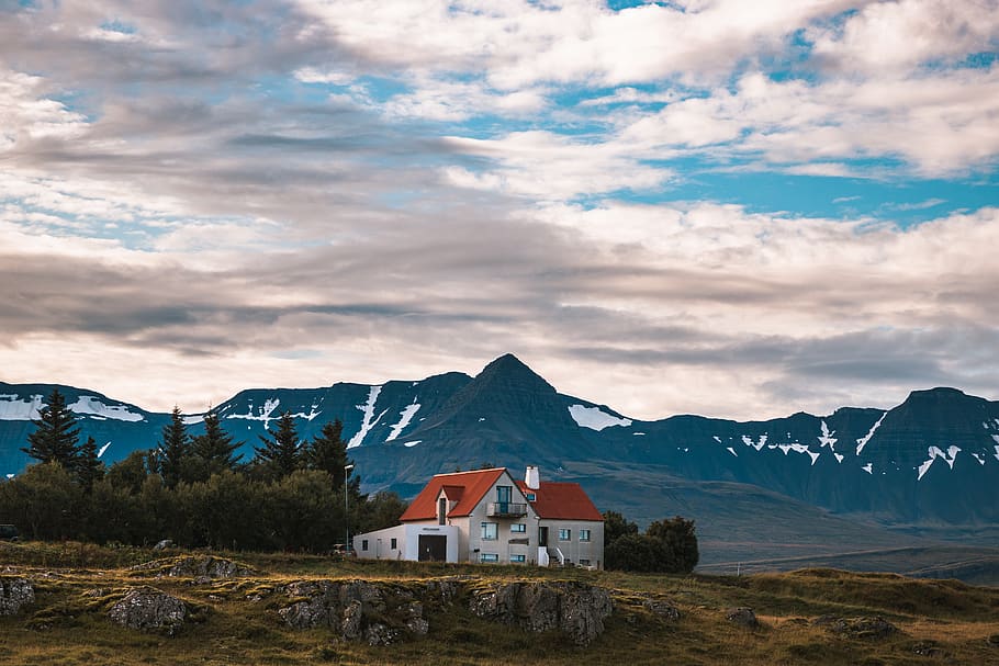iceland, mountains, snow, clouds, wallpaper, day, house, sky HD wallpaper