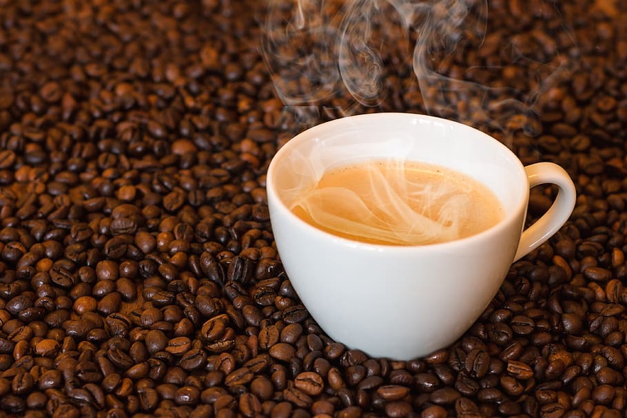 White Ceramic Teacup on Coffee Beans, aroma, aromatic, beverage HD wallpaper