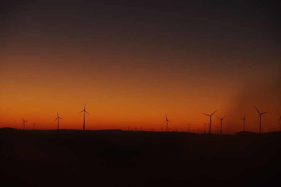 sunset, landscape, dark, night, windmill, energy, fuel and power generation HD wallpaper