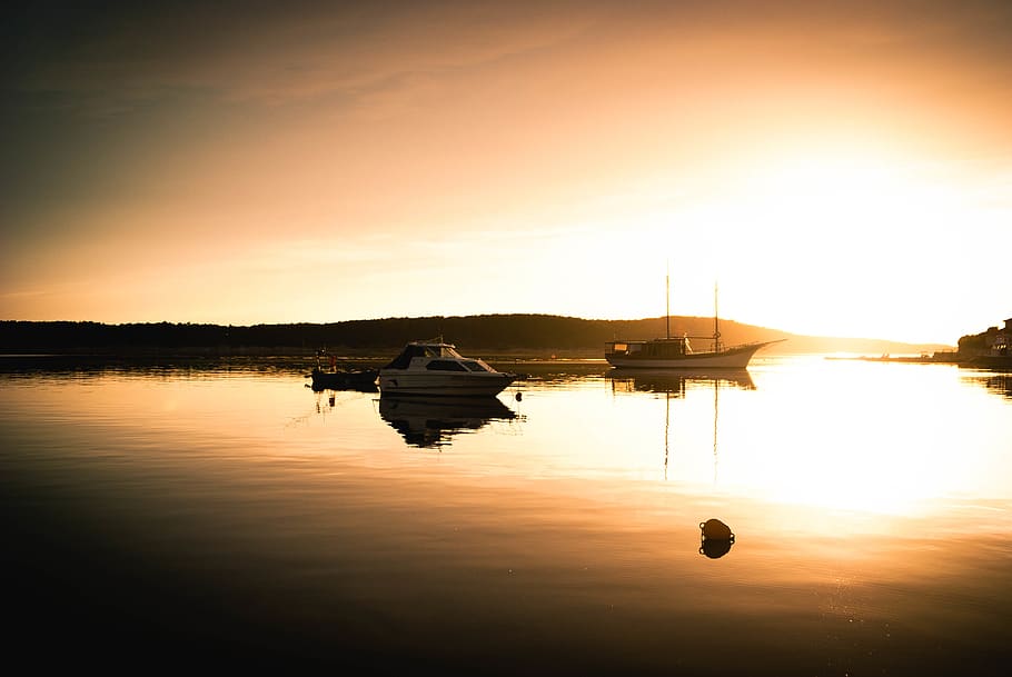 sea, seaside, shore, beach, boats, sunset, water, nautical vessel HD wallpaper