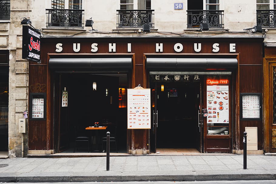 Sushi House store, architecture, built structure, text, building exterior HD wallpaper