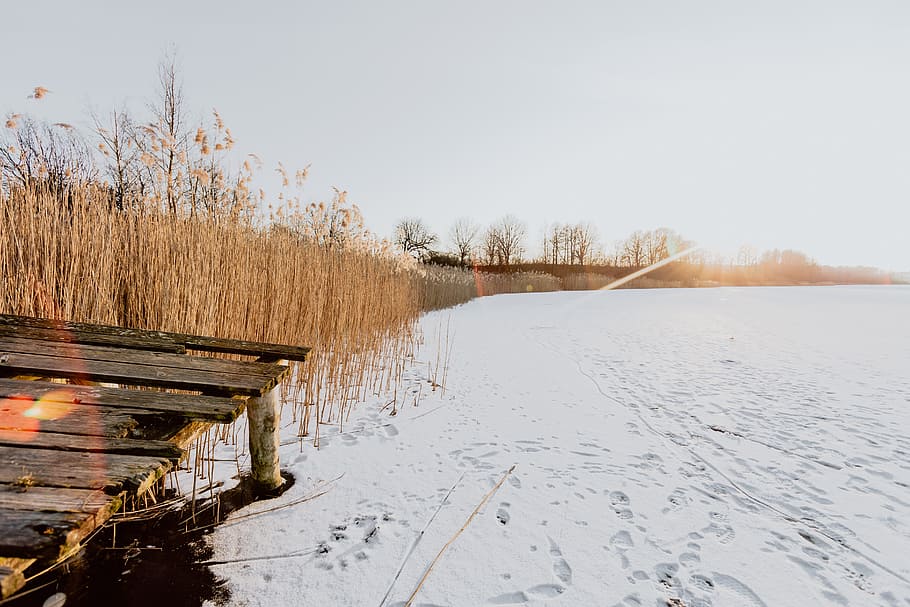 In middle of frozen lake, magic hour, nature, sunset, winter HD wallpaper