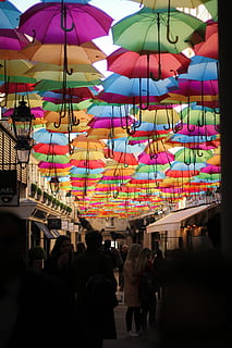 assorted-color umbrellas hanging, human, person, france, canopy HD wallpaper