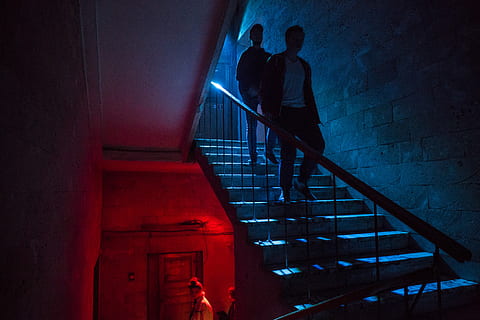 two men walking down staris, banister, handrail, human, person HD wallpaper