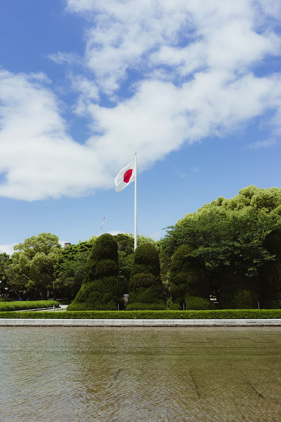 japan, hiroshima, water, tree, sky, plant, cloud - sky, flag HD wallpaper