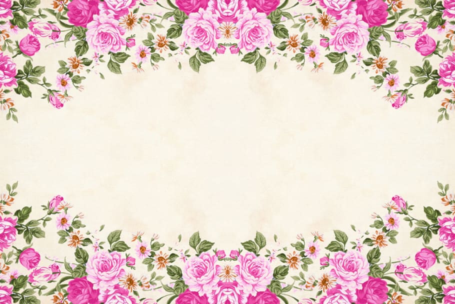 Floral frame background with pink flowers on top and bottom, border