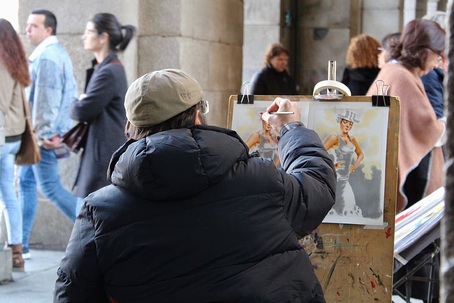 spain, madrid, street, painter, man, painting, artist, group of people HD wallpaper