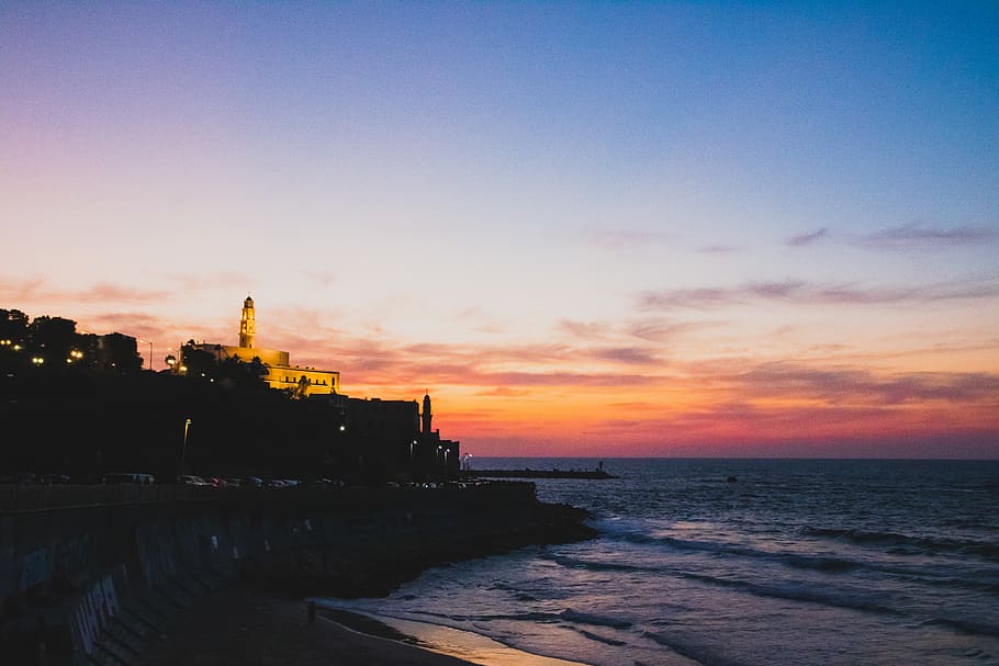 israel, jaffa, sunset, old, city, sea, dusk, waves, coastline HD wallpaper