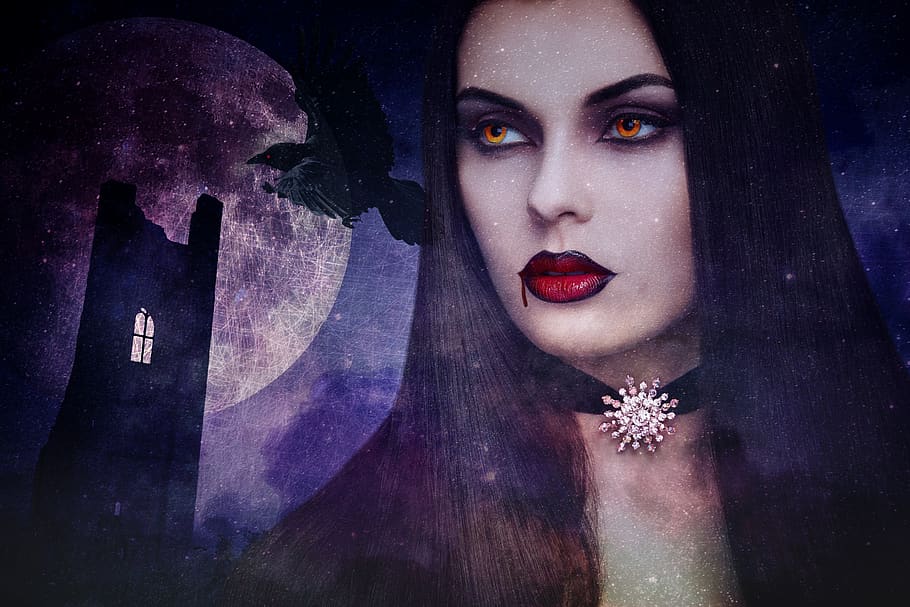 vampire, halloween, ruined castle, raven, woman, horror, darkness