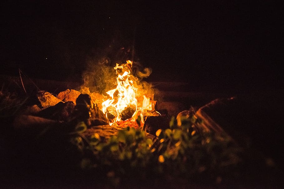 fire, dark, night, camping, travel, adventure, spark, burning HD wallpaper