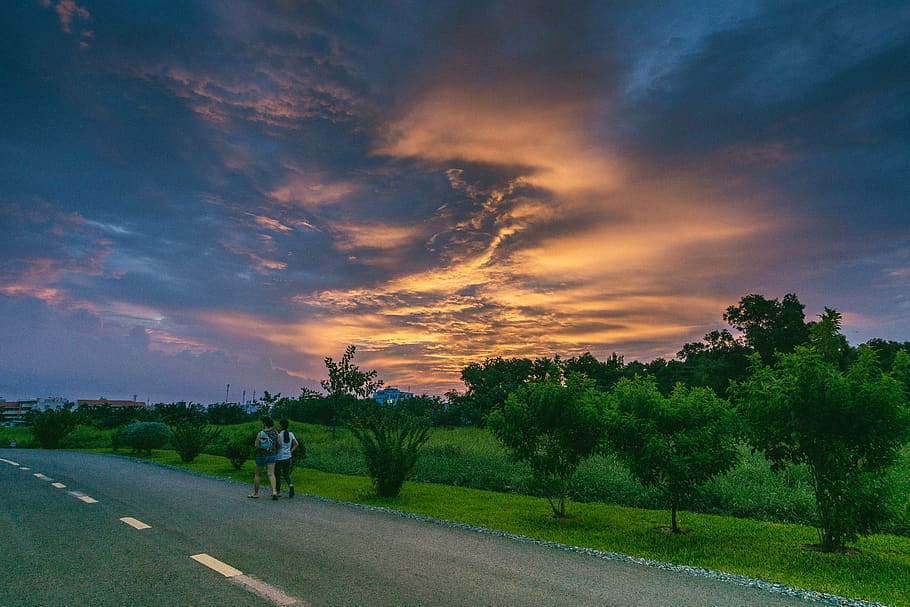 Two Person Walking on Road Beside Grass Field, cropland, dawn HD wallpaper