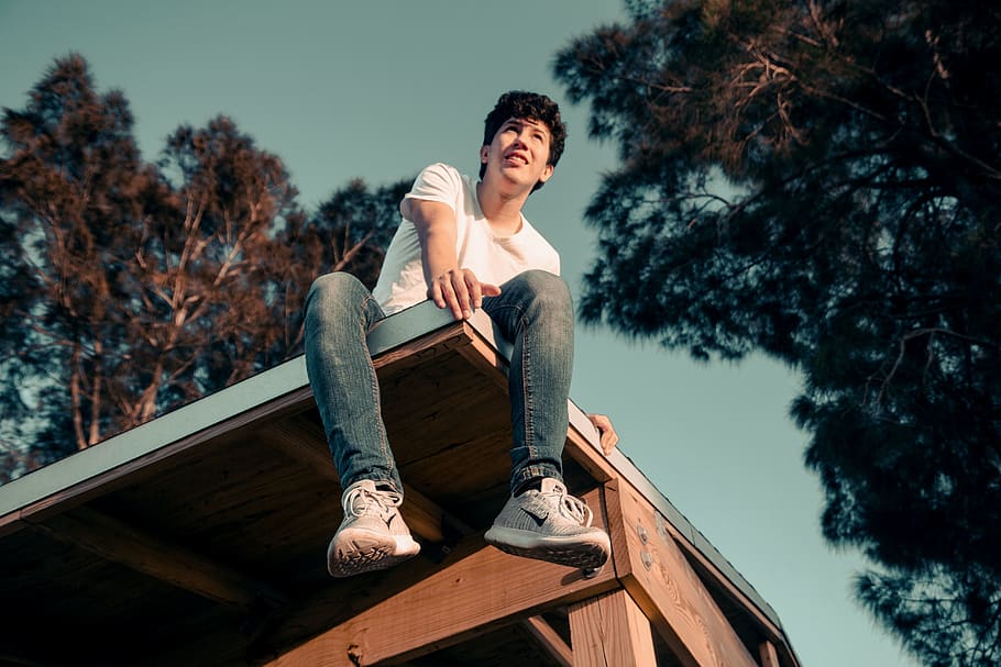 man sitting on roof, one person, tree, full length, casual clothing HD wallpaper