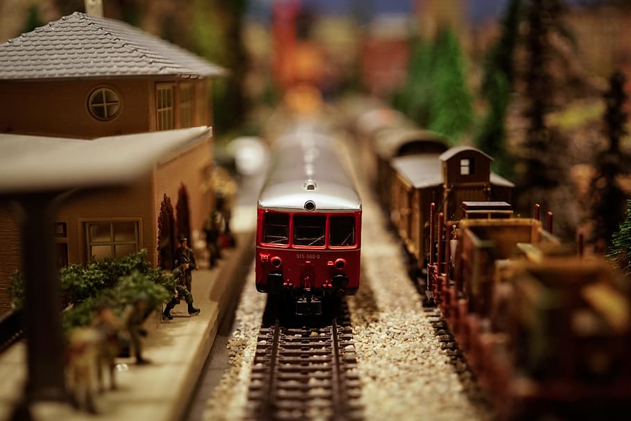 toy, trains, tilt-shift, speed, unreal, track, rail, rail transportation HD wallpaper
