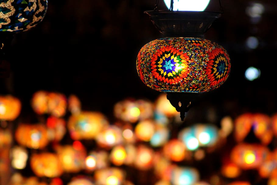 Orange and Multicolored Stain Glass Lampshade, art, blur, bright HD wallpaper
