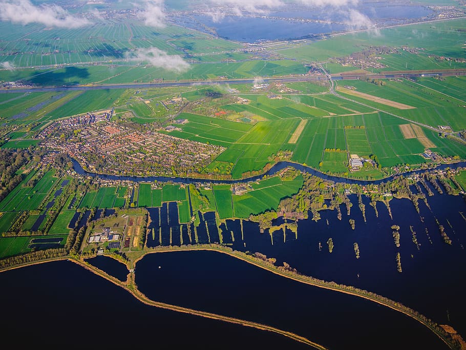 green, grass, field, farm, aerial, view, sea, ocean, blue, water HD wallpaper