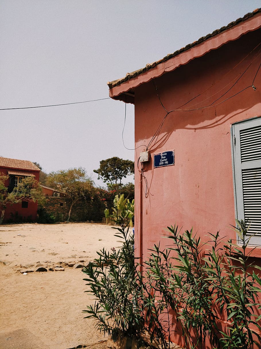 orange concrete house, home decor, window, shutter, curtain, dakar HD wallpaper