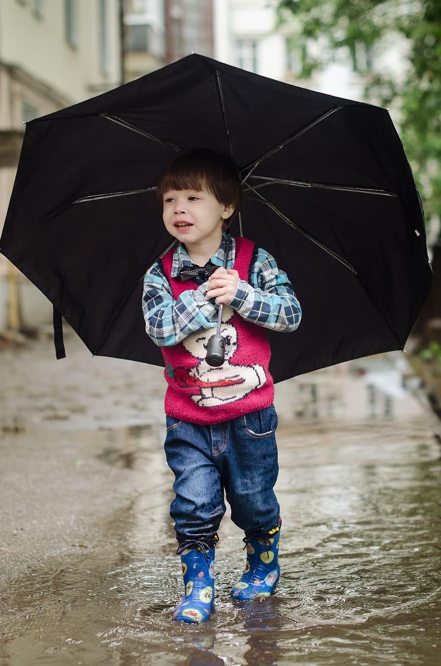 Boy Holding Black Umbrella , child, cute, fun, kid, puddle, wear HD wallpaper