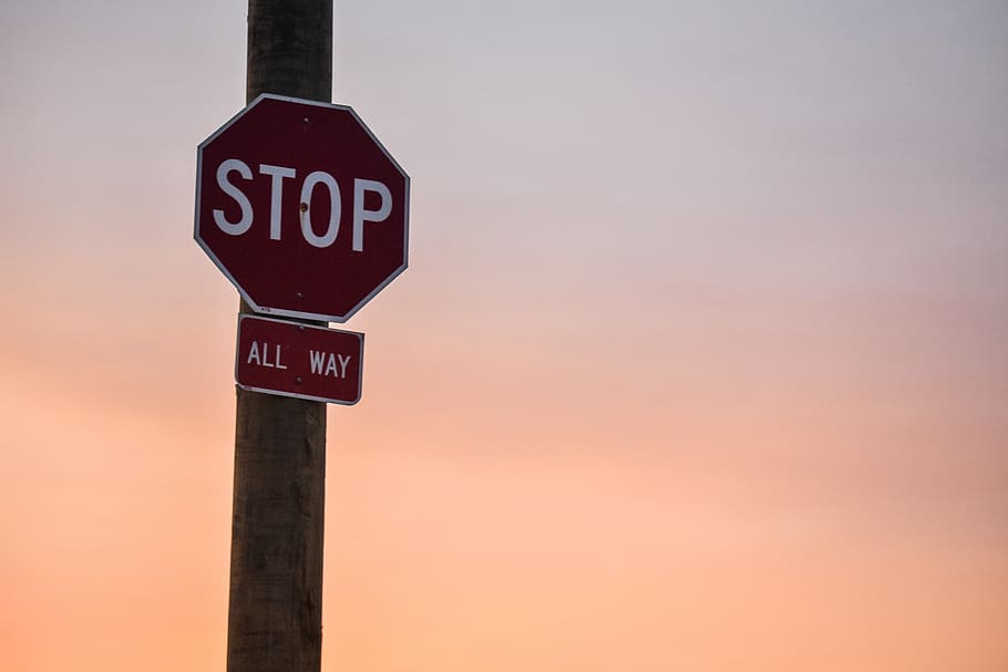 Stop Signage Under Orange Sky, all way, clouds, colors, evening, HD wallpaper