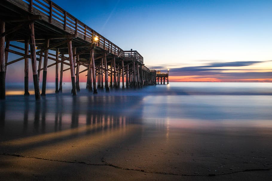 Architectural Photography of Bridge, beach, clouds, dock, evening HD wallpaper