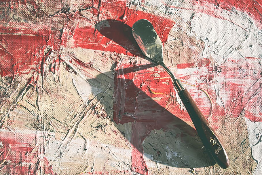 black handled paint spoon, art, red, modern art, paint art, texture HD wallpaper