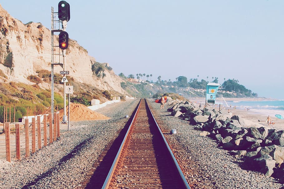 beach, rail, track, metal, water, sea, blue, path, transportation HD wallpaper