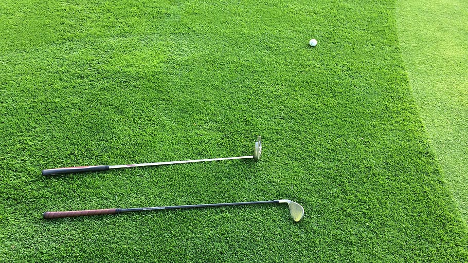 two golf clubs on green grass field, sport, sports, putter, ball, HD wallpaper
