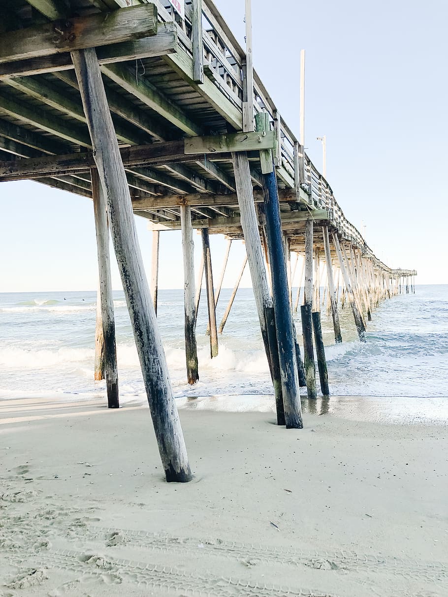 gray wooden bridge during daytime, water, sea, land, beach, sky HD wallpaper