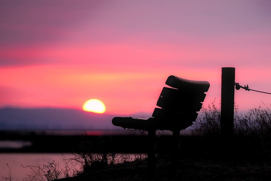 Empty Bench during Dusk, backlit, beautiful, clouds, dawn, evening HD wallpaper